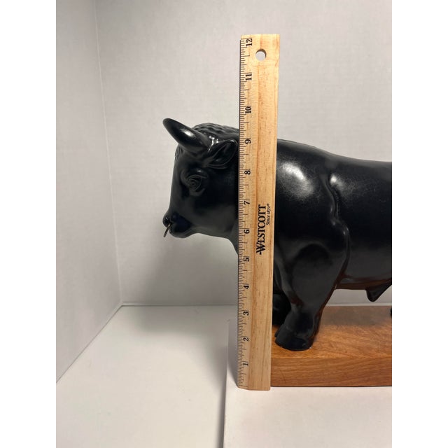 Wood Vintage Ceramic Black Bull Figurine With Wooden Base For Sale - Image 7 of 8
