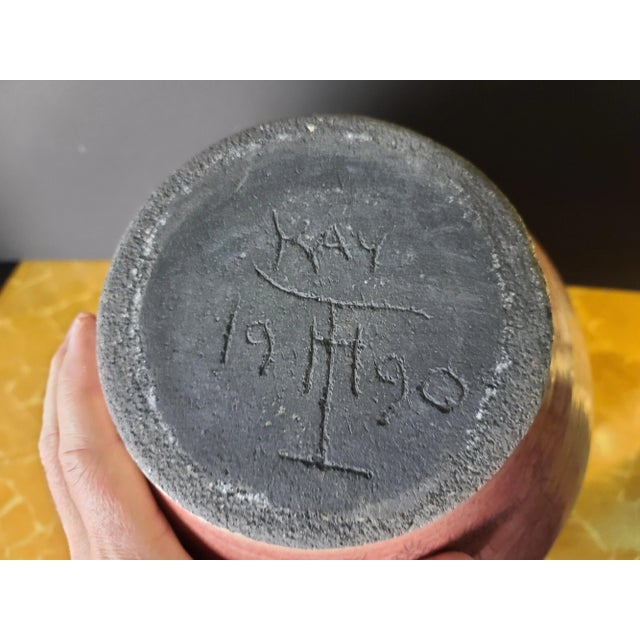 Large Signed Native American Style 2 Tone Crackle Glaze Hand Thrown Raku Pottery Vase For Sale In Miami - Image 6 of 7