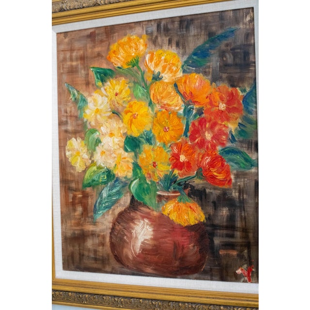 Age: approx. 40 years old Details: Thick textured brushstrokes featuring a bouquet of red, orange and yellow marigolds in...