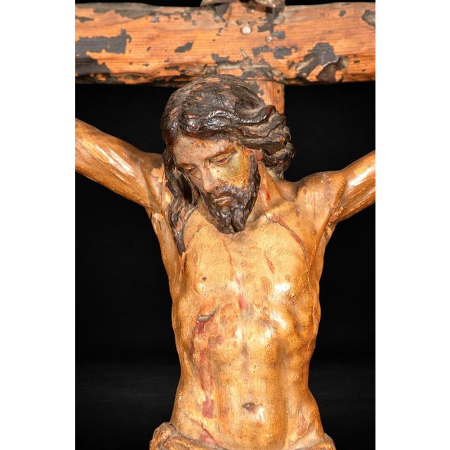 Spanish Baroque Carved Polychrome Crucifix, 1600s For Sale - Image 4 of 12