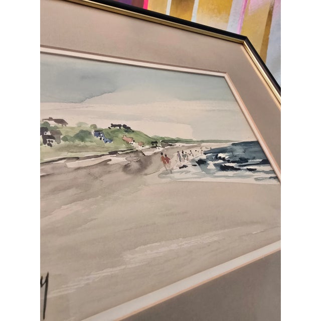 Sky Blue 1940s Vintage Beach Painting Signed Impressionist Watercolor, Framed For Sale - Image 8 of 11