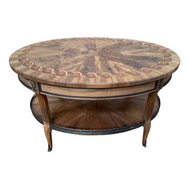 Oval Coffee Table in Marquetry and Brass Gallery with Bronze Feet, 1890s For Sale