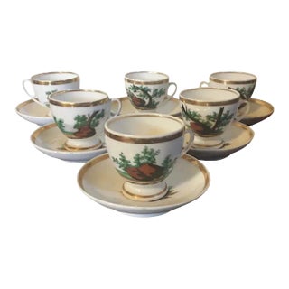 Antique Old Paris Porcelain Cups & Saucers with Hand Painted Landscape Scenes - Set of 6 For Sale