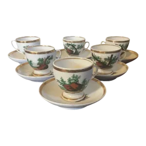 Antique Old Paris Porcelain Cups & Saucers with Hand Painted Landscape Scenes - Set of 6
