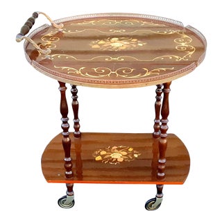 Vintage Italian Marquetry and Brass Drop Leaf Tea Cart For Sale