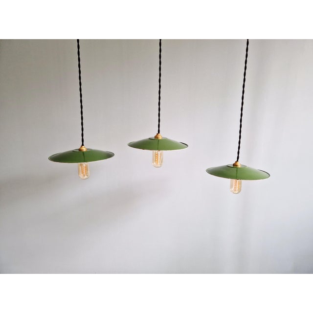 Industrial Pendant Lights in Green Enameled Sheet Metal, 1940s, Set of 3 For Sale - Image 14 of 16