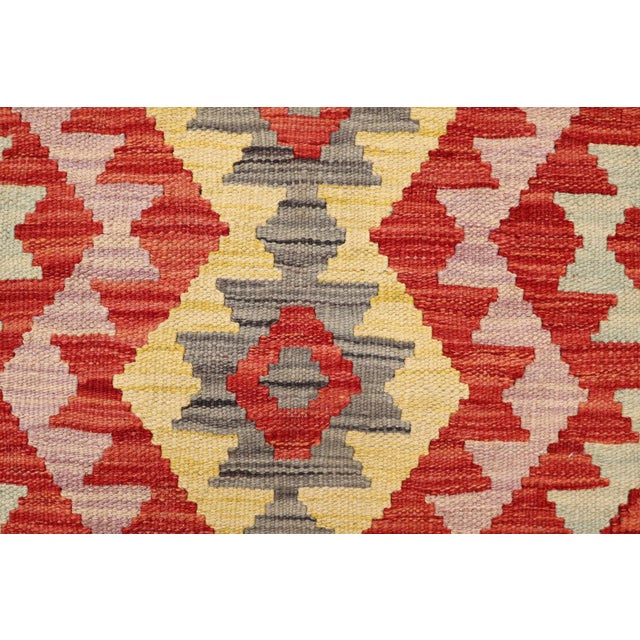 Textile Shabby Chic Kilim Kelvin Red Blue Hand-Woven Wool Rug For Sale - Image 7 of 9