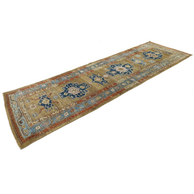 Antique Heriz Runner Rug With Muted Camel Field and Geometric Medallions For Sale - Image 9 of 9