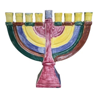 Vintage Hand Painted Ceramic Studio Pottery Menorah For Sale