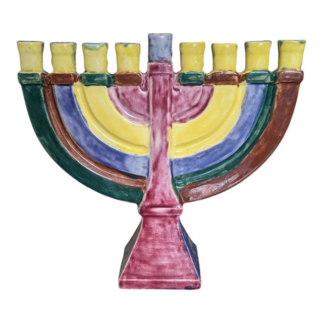 Vintage Hand Painted Ceramic Studio Pottery Menorah For Sale