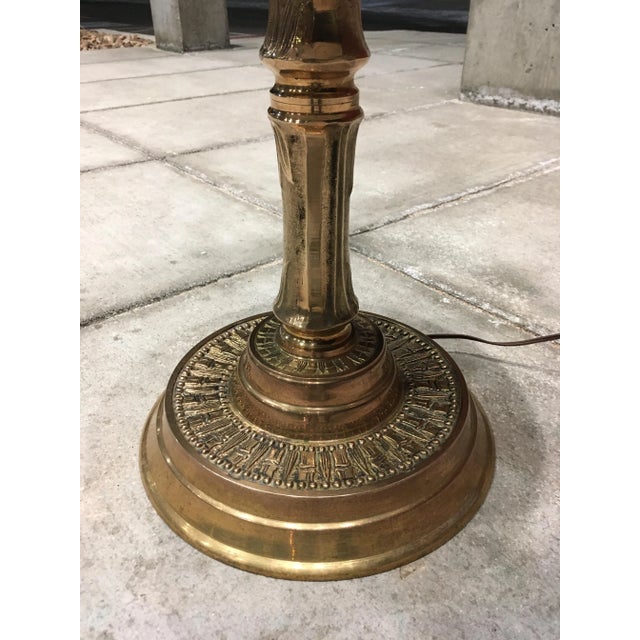 Large Japanese Brass Floor Lamp in Faux Bamboo With Marble Tray Table & Original Barrel Shade For Sale In Denver - Image 6 of 13