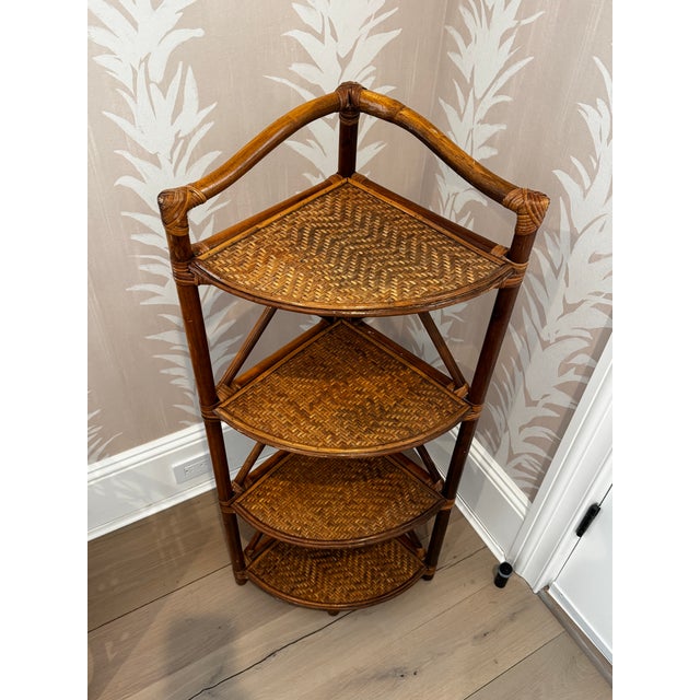 Wood Vintage Woven Rattan and Bamboo Four-Tier Corner Shelf Unit. For Sale - Image 7 of 11