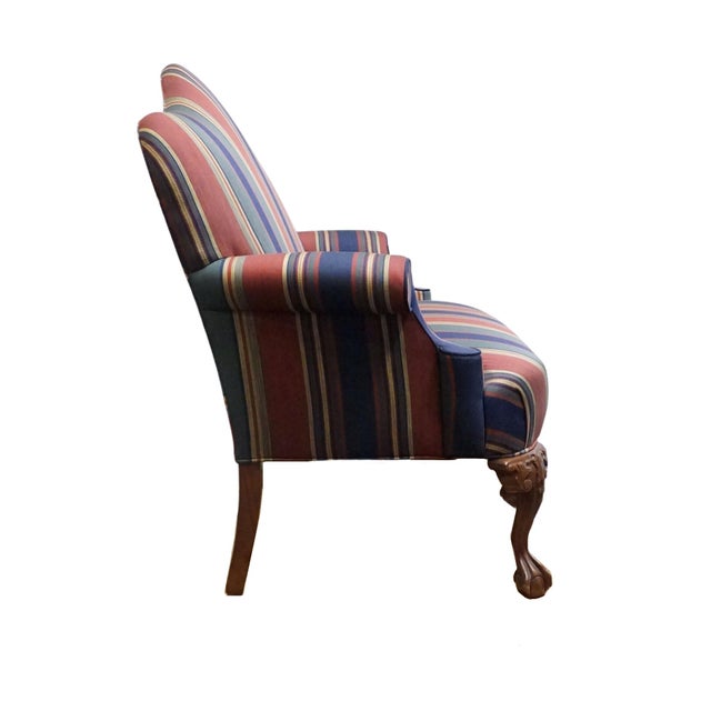 Wood High End Vintage Solid Mahogany Traditional Style 54" High Camelback Loveseat Settee W. Striped Upholstery For Sale - Image 7 of 9