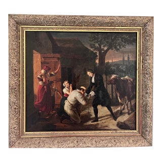 Antique European Oil on Canvas Genre Painting in Ornate Carved Frame For Sale