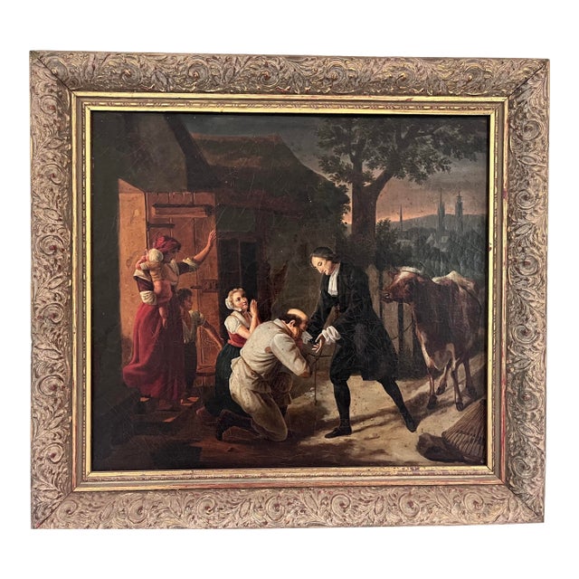 Antique European Oil on Canvas Genre Painting in Ornate Carved Frame For Sale
