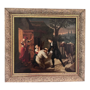 Antique European Oil on Canvas Genre Painting in Ornate Carved Frame
