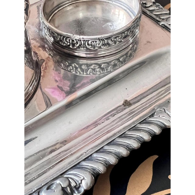 Victorian Set of 4, Antique silverplate inkwell stand with crystal diamond cut inkwells // pen and ink // desk accessory // silver on copper For Sale - Image 3 of 15