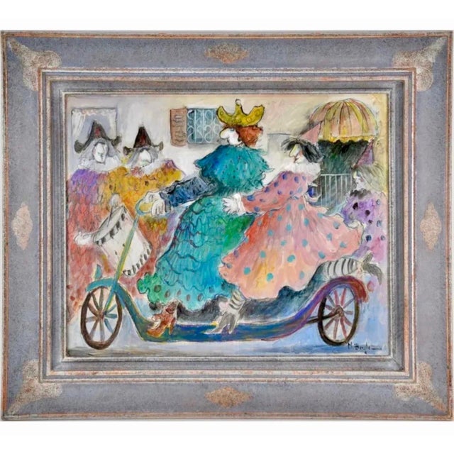 Michel Boulet, Charming French Naive Art, Clowns on Bicycle Michel Boulet Folk Art Oil Painting For Sale