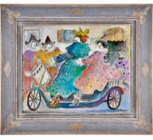 Michel Boulet, Charming French Naive Art, Clowns on Bicycle Michel Boulet Folk Art Oil Painting
