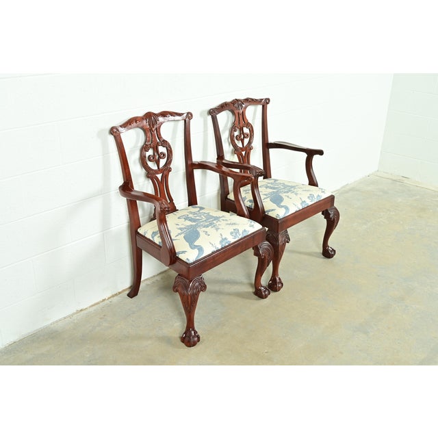 Baker Furniture Company Baker Furniture Chippendale Carved Mahogany Armchairs or Dining Captain Chairs, Pair For Sale - Image 4 of 12