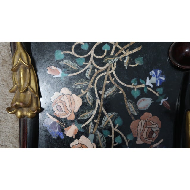 Exquisite Pietra Dura (Pietra Dure) Rendition of Flowers, Birds, Butterflies, Framed With Lovely Shaped Wood Frame With Molded Flowers, by N. Luedtke For Sale - Image 14 of 15