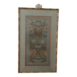 Antique Chinese Imperial Silk Embroidery Panel With Double Dragon and Flaming Pearls