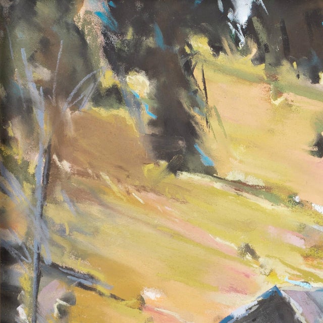 Two Cows, ca. 2000 by Jann T. Bass | Pastel on paper of two cows near a barn in a landscape. For Sale - Image 4 of 5