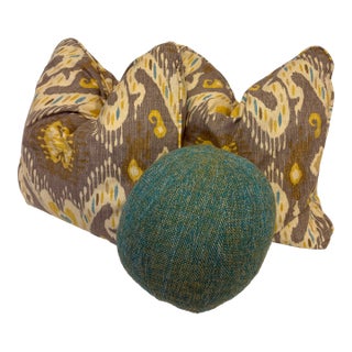 Custom Waverly "Enlightened" Ikat and Textured Teal Throw Pillows -Set of 3 For Sale