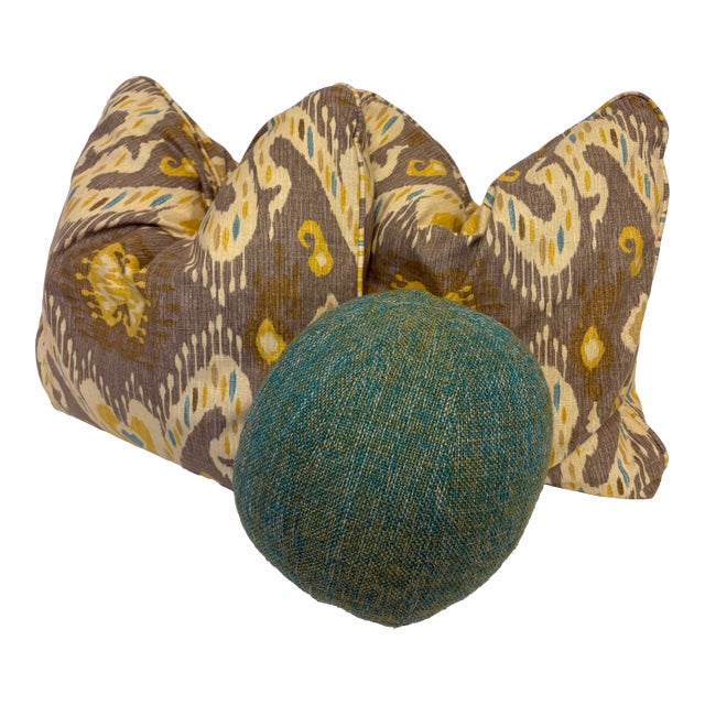 Custom Waverly "Enlightened" Ikat and Textured Teal Throw Pillows -Set of 3 For Sale