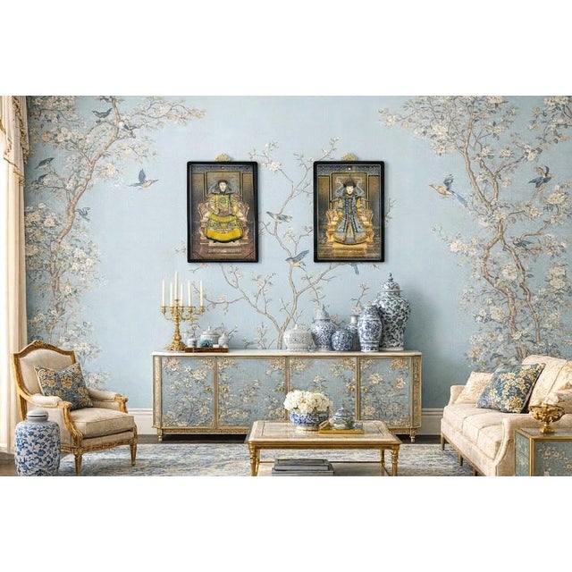 Portraiture Pair Reverse Painted Glass Chinese Emperor and Empress Ancestral Portrait Paintings For Sale - Image 3 of 17