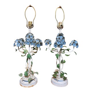 Vintage Italian Hand-Painted Tole Floral Table Lamps, Made in Italy - a Pair For Sale