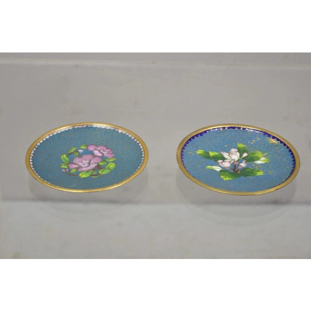 Blue Vintage Brass Enamel Blue & Gold Floral Cloisonne Small Trinket Dish Set - Pair For Sale - Image 8 of 8