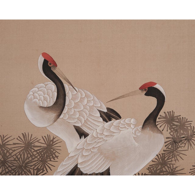 Japanese Style Showa Four-Panel Screen Cranes in Pine Trees For Sale - Image 13 of 18