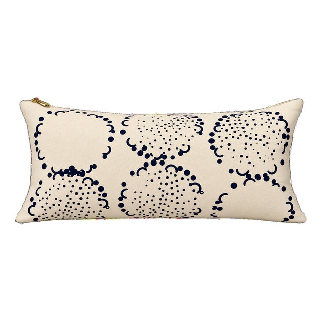 Erin Flett Hand-Printed Navy & Natural Canvas Lumbar Pillow For Sale