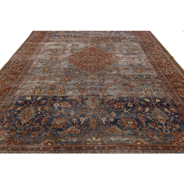Mid-Century Modern 19th Century Antique Mahal Wool Rug With Faded Indigo & Rust Medallion For Sale - Image 3 of 11