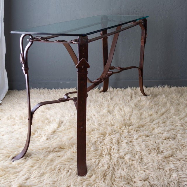 Cabin Jacques Adnet Hermes Style Iron Leather Bridle Strap Equestrian Console Table For Sale - Image 3 of 18