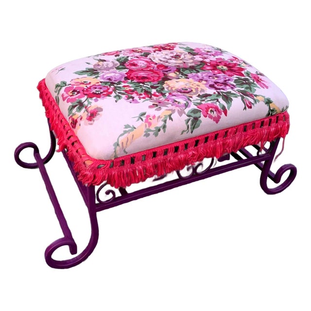 Late 20th Century Vintage Floral Upholstered Cast Iron Framed Ottoman For Sale