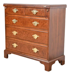 Baker Furniture Georgian Burled Walnut Flip Top Server or Bachelor Chest, Newly Refinished