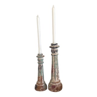 Pair of Vintage Weathered Terra-Cotta Column Candlesticks For Sale