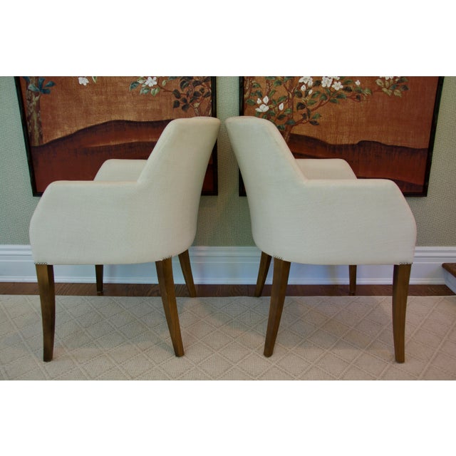 2020s Pair of Bright Chair Maria Arm Chairs in Jane Churchill Darwin Cream With Natural Walnut Legs For Sale - Image 5 of 15