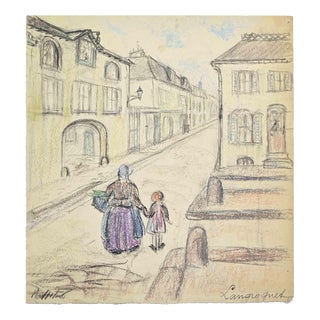 Pierre Langrognet, French Town, 1970s, Pencil and Pastel For Sale