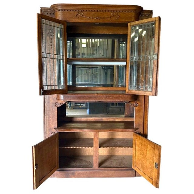 Art Nouveau Oak & Leaded Beveled Glass Bar-Back C1910 For Sale - Image 10 of 14