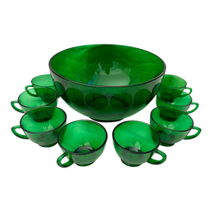 Vintage Anchor Hocking Green Punch Bowl Set of 10
