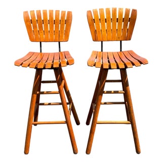 Pair Original MCM Arthur Umanoff Style Wood Slat Stools For Sale