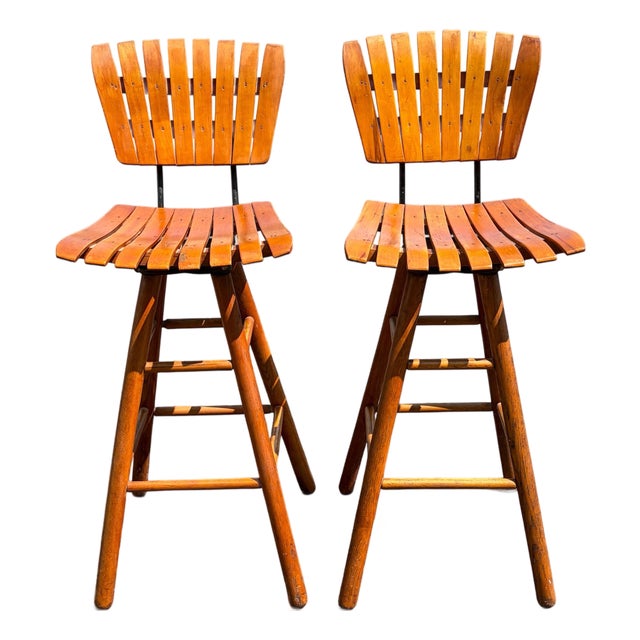 Pair Original MCM Arthur Umanoff Style Wood Slat Stools For Sale