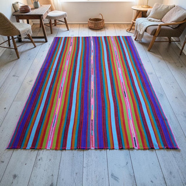 Mid-Century Modern Bright Multi Color Striped Turkish Rug, 5'6x8'6 Authentic Village Kilim, Mid Century Modern Home Decor For Sale - Image 3 of 12