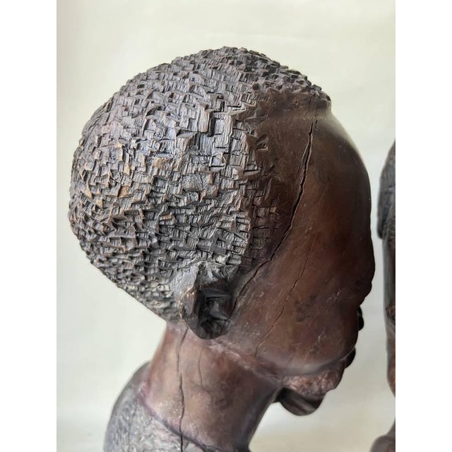 Pair of Vintage Traditional African Ebony Wood Man & Woman Carving Busters For Sale - Image 11 of 17