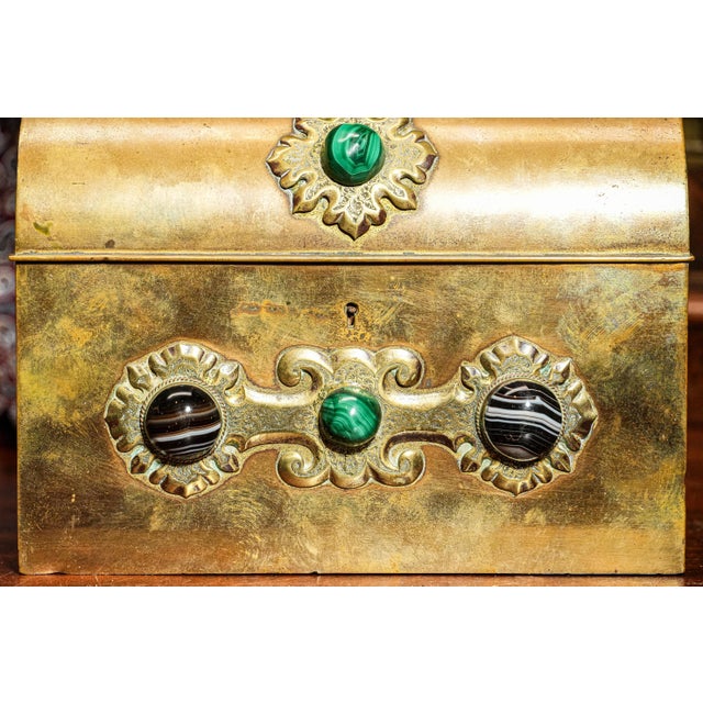 Stunning Cabochon Gemstone Antique Victorian Domed Brass Metal Desk Casket Box Home Decor For Sale In New York - Image 6 of 14