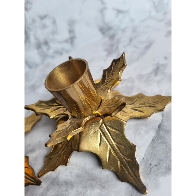 Vintage Solid Brass Poinsettia Candlestick Holders For Sale - Image 4 of 10