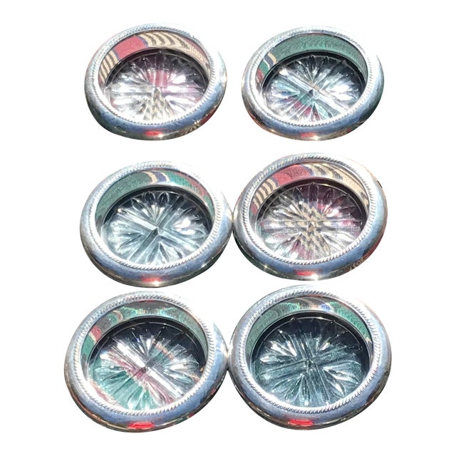 Vintage Sterling and Cut Glass Coasters- Set of 6 For Sale